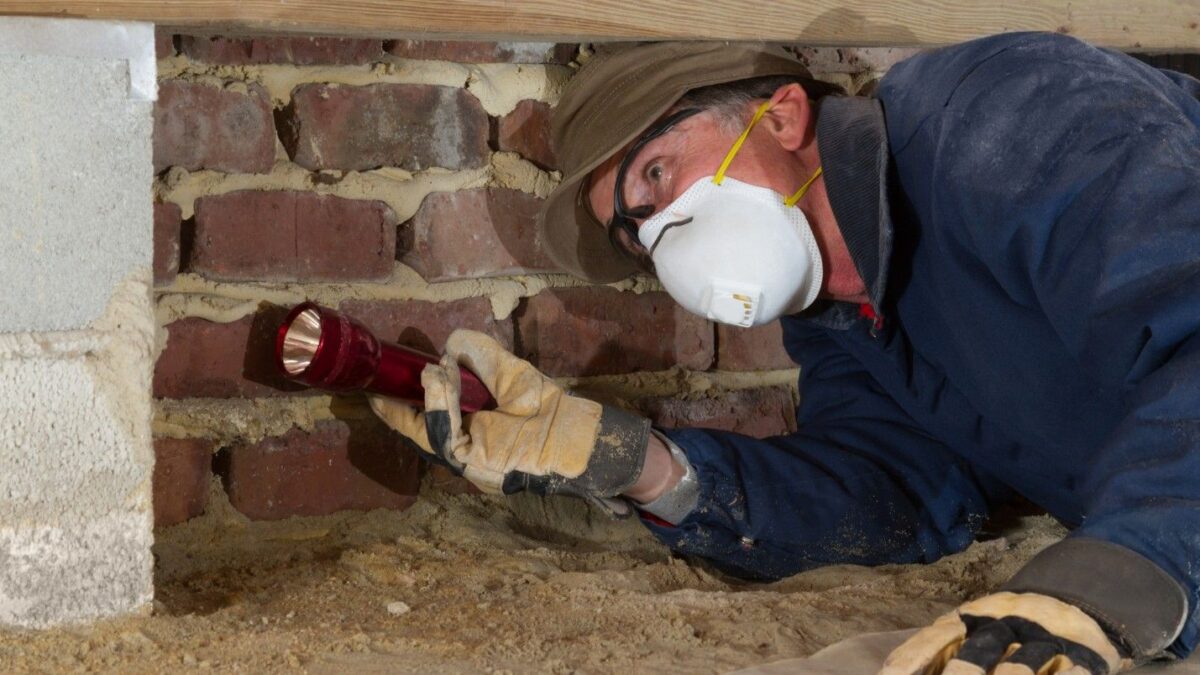 A man investigates his crawl space with a flashlight.